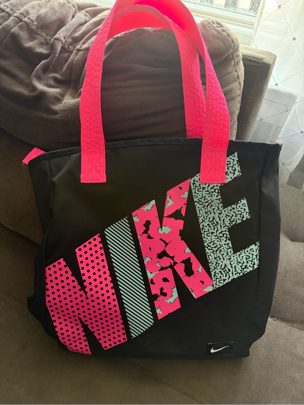 Nike Black Tote with Hot Pink Handles and Multicolor Logo